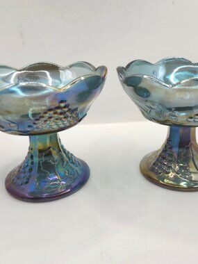 Vintage Indiana Glass Company Pair of Blue Carnival Glass Candle Holders